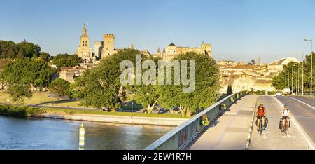 Frankreich, Vaucluse, Avignon, ViaRhôna, Panoramablick von der Daladier-Brücke auf die Domkathedrale aus dem 12th. Jahrhundert und den Papstpalast, der von der UNESCO zum Weltkulturerbe erklärt wurde Stockfoto