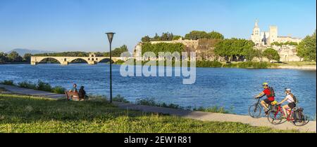 Frankreich, Vaucluse, Avignon, ViaRhôna, Panoramablick auf die Brücke Saint Benezet über die Rhône aus dem 12th. Jahrhundert mit der Kathedrale der Doms aus dem 12th. Jahrhundert und dem Papstpalast, der zum UNESCO-Weltkulturerbe erklärt wurde. (HERR Ja) Stockfoto