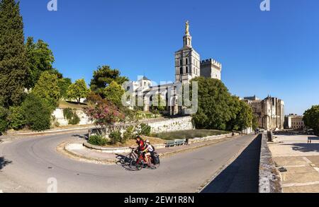 Frankreich, Vaucluse, Avignon, ViaRhôna, Radfahrer fahren hinauf zum Jardin des Doms mit der Kathedrale von Doms aus dem 12th. Jahrhundert Stockfoto