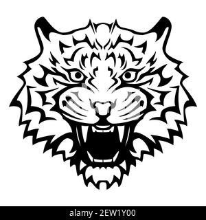 Tigerkopf mit offenem Mund und entblößtem Fangzähne - schwarz-weiß Vektor Tattoo Illustration, isoliert auf weißem Hintergrund Stock Vektor