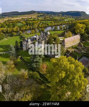 Frankreich, Dordogne, Dorf Castelnaud la Chapelle, Burg Fayrac (Luftaufnahme) Stockfoto