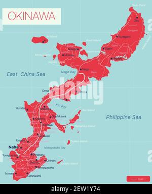 Okinawa detaillierte editierbare Karte mit Städten und Städten, geografischen Standorten. Vector EPS-10-Datei Stock Vektor