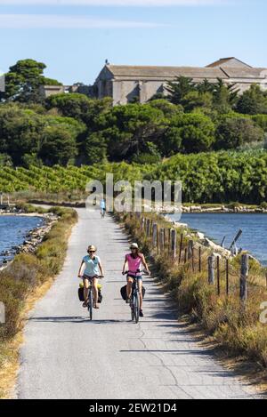 Frankreich, Herault (34), Palavas-Les-Flots, Maguelone Kathedrale, Radfahrer fahren auf der kleinen Straße, die den Etang de Pierre Blanche kreuzt Stockfoto