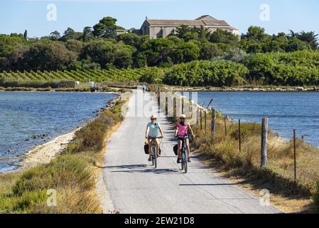 Frankreich, Herault (34), Palavas-Les-Flots, Maguelone Kathedrale, Radfahrer fahren auf der kleinen Straße, die den Etang de Pierre Blanche kreuzt Stockfoto