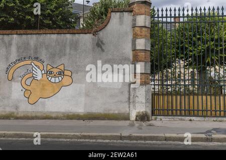 Frankreich, Loiret, Loire-Tal als UNESCO-Weltkulturerbe eingestuft, Orléans, Monsieur Chat, die Kreatur des Graffiti-Künstlers Thomas Vuille, kann fast überall auf dem Planeten gesehen werden Stockfoto