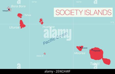 Gesellschaft Inseln Detaillierte editierbare Karte mit Städten und Städten, geografische Standorte. Vector EPS-10-Datei Stock Vektor