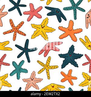 Nahtlose Muster Vektor Umriss Cartoon Meer Sterne Seestern mit Augen, Lächeln. Doodle Marine Wirbellose mit fünf Armen, hell in rot gefärbt, o Stock Vektor