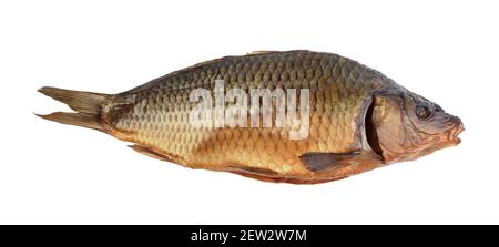 Ein goldener geräucherter Fisch auf Weiß isoliert. Draufsicht. Stockfoto