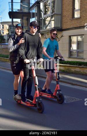 Drei junge Männer auf zwei Elektro-Verleih-Scooter Stockfoto