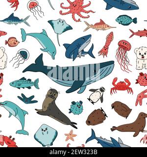 Nahtlose Vektor-Muster von Karikatur skizzieren isoliert Meer Ozean Tiere. Doodle Wal, Delphin, Hai, Stachelrochen, Quallen, Fisch, Sterne, Krabben, König Peng Stock Vektor