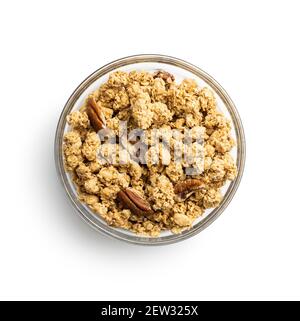 Frühstückszerealien. Morning Granola in Schüssel isoliert auf weißem Hintergrund. Stockfoto