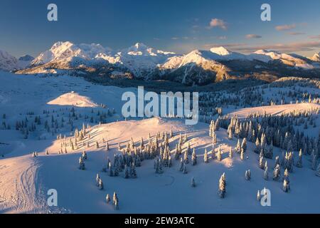 Luftaufnahme der Winterlandschaft mit schneebedecktem Wald in den Bergen mit schönem Sonnenuntergangslicht. Stockfoto