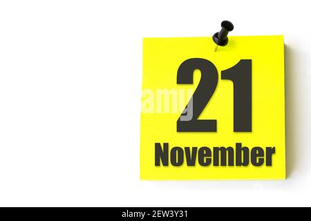 November 21st . Tag 21 des Monats, Kalenderdatum. Gelbes Blatt des Kalenders. Herbst Monat, Tag des Jahres Konzept Stockfoto