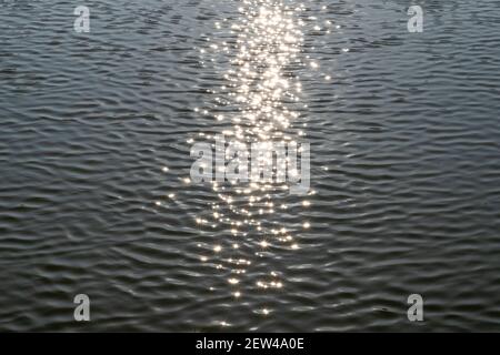 Sternförmige Sonnenstrahlen spiegeln sich in den Wellen in einem See oder Teich.