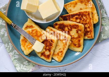 Traditionelle schottische Tattie Scones - Blick von oben Stockfoto