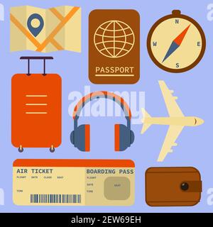 Flaches Design Stil moderne Vektor-Illustration Symbole Satz von Reise mit dem Flugzeug. Vektorgrafik Stock Vektor