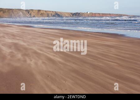 Wind weht Sand entlang des Strandes, Blick nach Norden zu Milton Ness, St Cyrus National Nature Reserve, Aberdeenshire, Schottland Stockfoto