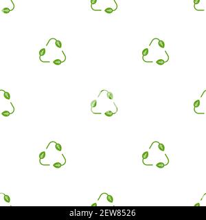 Nahtloses Öko-Muster. Drei Pfeile mit Blättern Öko recyceln. Wiederverwendung Ornament auf weißem Hintergrund. Grüne flache Vektor-Tapete. Blatt Ökologie Kreis Symbo Stock Vektor