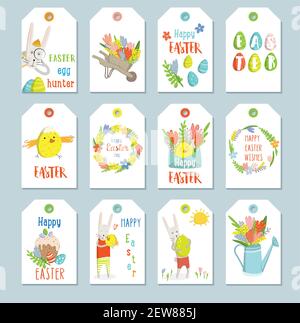 Set von Ostern Geschenk-Tags und Etiketten mit niedlichen Comic-Figuren und Typ-Design. Ostergrüße mit Hase, Hühnern, Eiern und Blumen. Niedliches Design Stock Vektor
