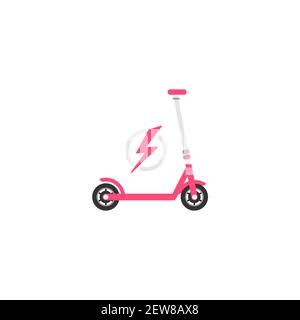 Pink Cartoon Kick Scooter oder Laufrad mit Blitz-Symbol. Flacher Push Roller isoliert auf weiß. Vektor-Ladedarstellung. Öko-Transportsystem Stock Vektor