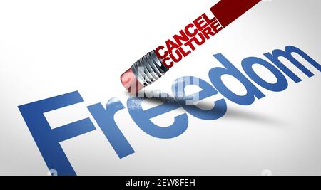 Kultur und Freiheitszeichen oder kulturelle Annullierung und Social-Media-Zensur als Aufhebung oder Einschränkung von Meinungen, die beleidigend sind. Stockfoto