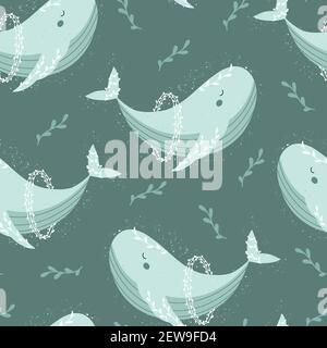 Niedlicher Wal mit Blättern um nahtloses Muster. Handgezeichnete Vektorgrafik im skandinavischen Stil. Stock Vektor