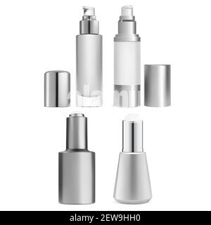 Tropfflasche. Airless Pumpe Serumflasche Design. 3D Modellbau von Luxus-Beauty-Produkt. Foundation Dispenser Fläschchen Vorlage. Klare silberne Flasche für Gesicht Stock Vektor