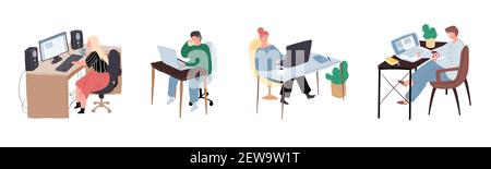 Cartoon Wohnung Freiberufler Charaktere zu Hause im Büro Set, Vektor Illustration Konzept Stock Vektor