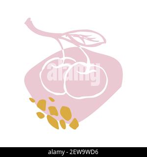 Abstrakte Formen mit Kontur Früchte bunt auf weißem Hintergrund. Kirschblüten auf Rosenformen und goldene Flecken. Illustration für isolierte Lebensmittel. Stock Vektor