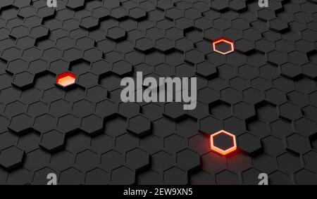 Abstrakter Hintergrund von schwarzen Sechsecken mit zufällig beleuchteten. 3d-Rendering Stockfoto