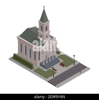 Vektor isometrisches Element, das christlich-katholische Kirche mit angrenzendem Park, Bänken, Straße darstellt. Low Poly, isoliert, alte gotische Kathedrale Gebäude Stock Vektor
