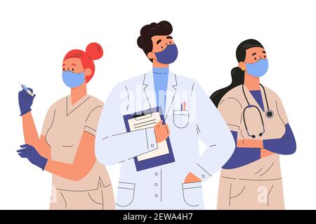 Ärzte und Krankenschwestern Zeichen in Gesichtsmaske. Stock Vektor
