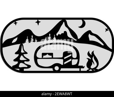 Camper Silhouette. Mobile Erholung. Camper, Berge, Baum, Lagerfeuer, Mond, Sterne, Nacht. Vektordarstellung im Skizzenstil. Camping Laserschneiden Stock Vektor