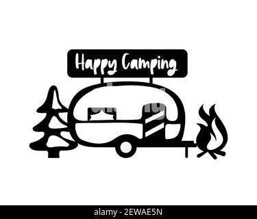 Camper Silhouette. Mobile Erholung. Camper Schild, Baum, Lagerfeuer, Natur. Vektordarstellung im Skizzenstil. Camping Laserschneiden Design. Stock Vektor