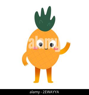Niedliche Ananas Charakter, süße tropische Frucht, lustige Cartoon Maskottchen mit niedlichen Gesichtsausdruck winken hallo, Vektor-Illustration isoliert auf weiß Stock Vektor