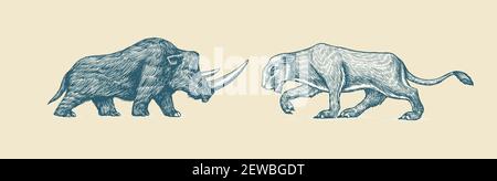 Wollnashorn und europäischer Höhlenlöwe. Panthera spelaea. Ausgestorbenes Tier. Eiszeit. Vintage Retro Vektor Illustration. Doodle-Stil. Von Hand gezeichnet Stock Vektor