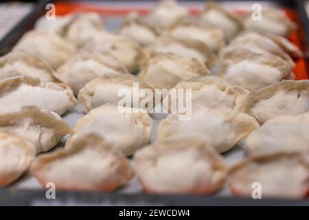 Ein selektiver Fokus Schuss von rohen chinesischen Knödel auf einem Tablett gesetzt, fertig zum Kochen. Stockfoto