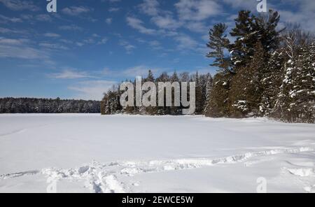 Schneebedeckter gefrorener See unter blauem Himmel Stockfoto