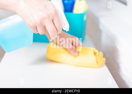 Reinigungsservice mit blauem Spray und Wischtuch. Frau mit Reinigungs- und Desinfektionsmitteln . Reinigungsgut. Putzlappen in der Haushaltspflege. Stockfoto