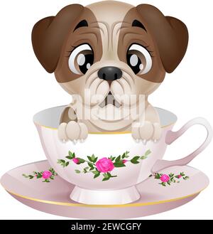 Cute Puppy Mops Cartoon sitzen in der Tasse Stock Vektor