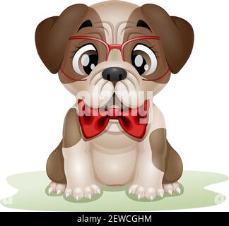 Cute Puppy Mops Cartoon trägt rote Brille und Bogen Stock Vektor