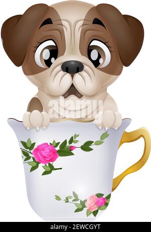 Cute Puppy Mops Cartoon sitzen in der Tasse Stock Vektor
