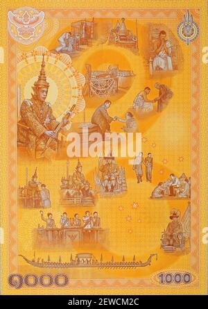 Banknoten zum Anlass der Krönung von König Rama X 2019 zeigen die Rückseiten dieser Gedenkbanknoten ein aussagekräftiges Bild Stockfoto