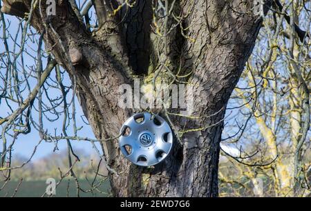 Gottesgabe, Deutschland. Februar 2021, 26th. An einem Baum hängt neben einer Straße mit zahlreichen Schlaglöchern ein gefallener Hubcap. Auto, das durch ein Schlagloch auf einer Straße fährt. Das eisige Wetter der letzten Wochen sorgt für durchbrochene Straßen mit tiefen Schlaglöchern. Quelle: Jens Büttner/dpa-Zentralbild/dpa/Alamy Live News Stockfoto