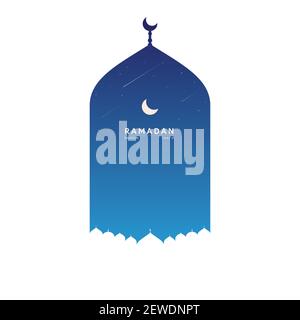 Ein weißer Halbmond, Moschee und Text ramadan Kareem mit Sternen in blau dunkel Verlauf Hintergrund Vorlage einfach und minimalistisch. Vektor islamischen illu Stock Vektor