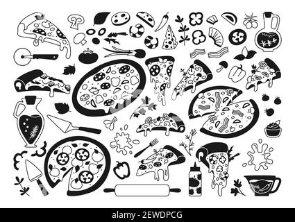 Pizza Cartoon schwarze Glyphe Set. Einfarbige italienische Pizzen mit Gemüse, Pfeffer, Tomaten, Olivenöl. Margarita und hawaiian, Pepperoni oder Meeresfrüchte mexikanisch. Pizza Stücke und Zutaten Vektor Sammlung Stock Vektor