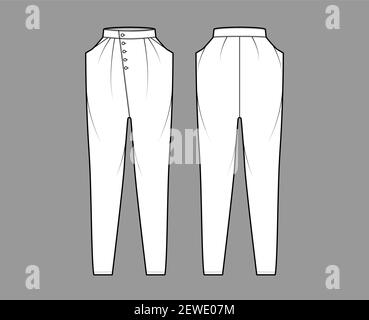 Tapered Baggy Pants technische Mode-Illustration mit normaler Taille, hoher Bund, Eingrifftaschen, drapiert vorne, volle Längen. Flache Bekleidungsvorlage zurück, weiß, grau Farbe Stil. Frauen, Männer, Unisex CAD Stock Vektor