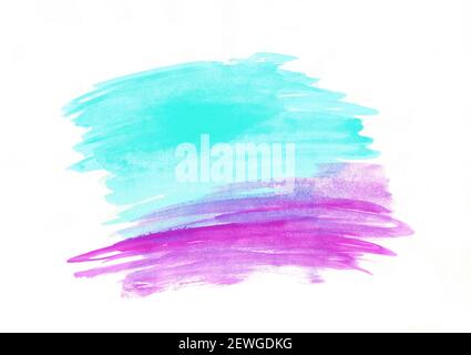 Ein abstraktes Türkis und Pürnchen Aquarell spritzen durch Zeichnen mit Ein weißer Hintergrund Stockfoto