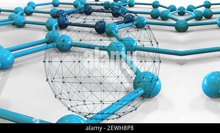 3D Abbildung - blaue Verbindungspunkte Punkte und Linien auf Verbundener molekularer Hintergrund Stockfoto
