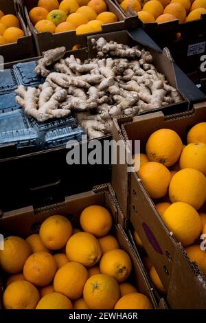 Nahaufnahme von Heidelbeeren, frischem Ingwer und Kisten mit Orangen. Stockfoto